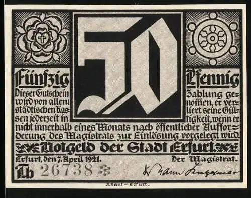 Notgeld Erfurt 1921, 50 Pfennig, Blumen und historische Szene mit Buchdrucker