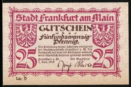 Notgeld Frankfurt am Main, 1919, 25 Pfennig, Vorderseite Stadtwappen und Rückseite Stadtansicht