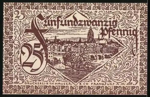 Notgeld Frankfurt am Main, 1919, 25 Pfennig, Vorderseite Stadtwappen und Rückseite Stadtansicht