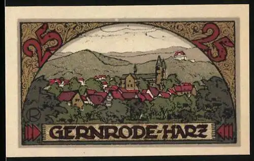 Notgeld Gernrode - Harz, 1921, 25 Pfennig, Landschaft mit Stadtansicht und Gebäude, Luftkurort Gernrode