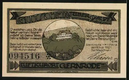 Notgeld Gernrode - Harz, 1921, 25 Pfennig, Landschaft mit Stadtansicht und Gebäude, Luftkurort Gernrode