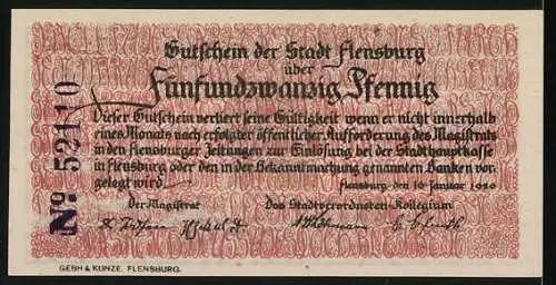 Notgeld Flensburg, 1921, 25 Pfennig, Stadtwappen, Menschenmenge, Seriennummer 52140