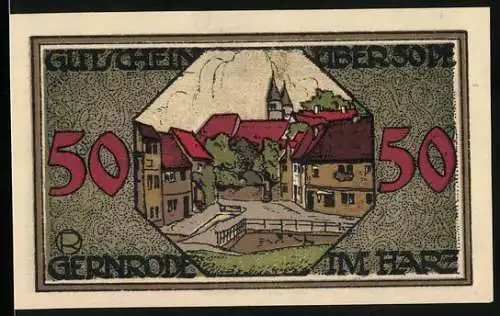 Notgeld Gernrode 1921, 50 Pfennig, Bild der Stadt mit Kirche und Brücke, Textgedicht