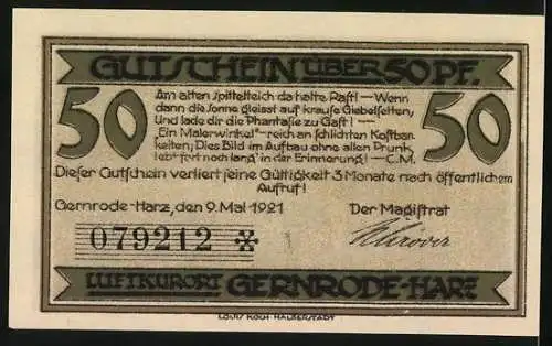 Notgeld Gernrode 1921, 50 Pfennig, Bild der Stadt mit Kirche und Brücke, Textgedicht