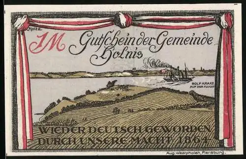 Notgeld Holnis 1920, 50 Pfennig, Landschaft und Wappen, deutsch geblieben durch unseren Willen