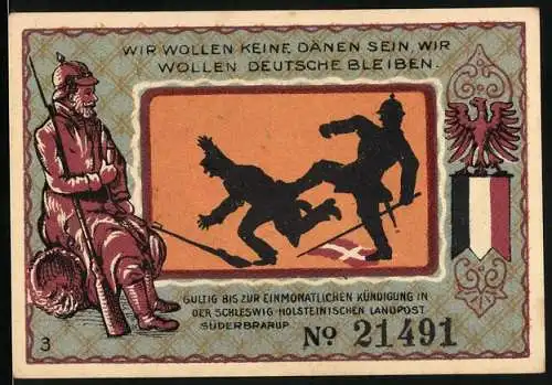 Notgeld Süderbrarup, 1921, 50 Pfennig, patriotische Szene und Mühle mit Personen