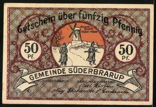 Notgeld Süderbrarup, 1921, 50 Pfennig, patriotische Szene und Mühle mit Personen