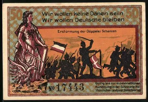 Notgeld Süderbrarup, 1921, 50 Pfennig, Erstürmung der Düppeler Schanzen und Düppel Denkmal