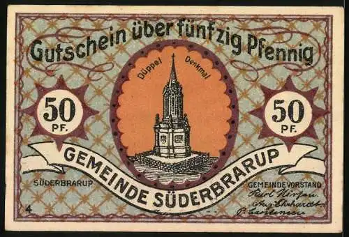 Notgeld Süderbrarup, 1921, 50 Pfennig, Erstürmung der Düppeler Schanzen und Düppel Denkmal