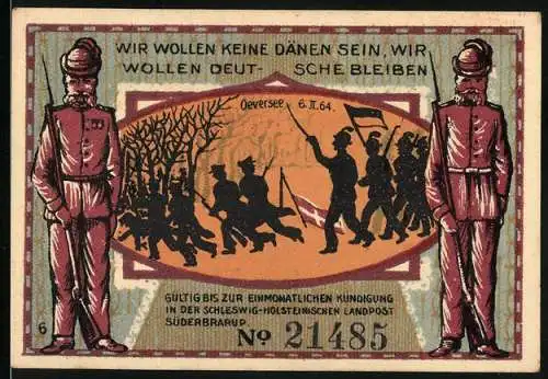 Notgeld Süderbrarup, 1921, 50 Pfennig, Soldaten und Denkmal mit Schriftzug Gemeinde Süderbrarup