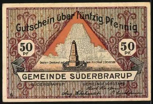 Notgeld Süderbrarup, 1921, 50 Pfennig, Soldaten und Denkmal mit Schriftzug Gemeinde Süderbrarup