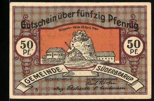 Notgeld Süderbrarup, 50 Pfennig, Düppeler Mühle 28. April 1864 und historische Szenen mit Inschrift