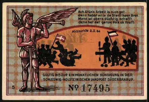 Notgeld Süderbrarup, 50 Pfennig, Düppeler Mühle 28. April 1864 und historische Szenen mit Inschrift