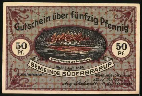 Notgeld Süderbrarup, 1921, 50 Pfennig, Flüchtlinge und Bombardement von Sonderburg, Gemeinde Süderbrarup