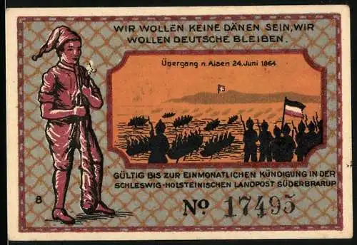 Notgeld Süderbrarup, 50 Pfennig, Darstellung von Soldaten und dem Löwen zu Flensburg