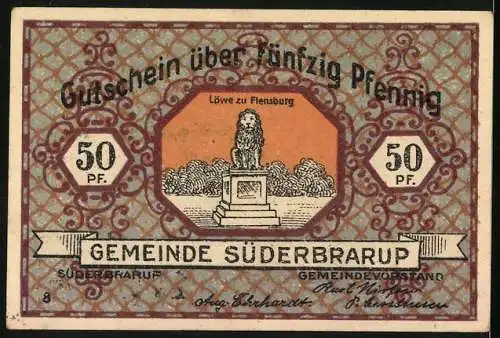 Notgeld Süderbrarup, 50 Pfennig, Darstellung von Soldaten und dem Löwen zu Flensburg