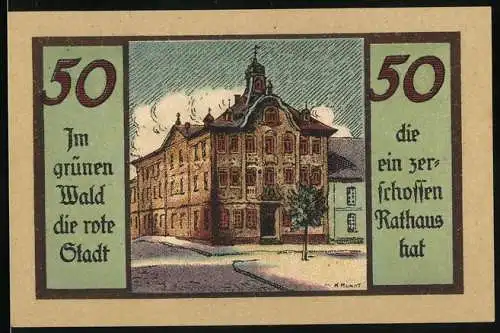 Notgeld Suhl, 1920, 50 Pfennig, Rathaus und Stadtansicht, Gutschein der Stadt Suhl