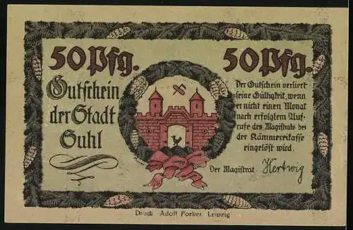 Notgeld Suhl, 1920, 50 Pfennig, Rathaus und Stadtansicht, Gutschein der Stadt Suhl