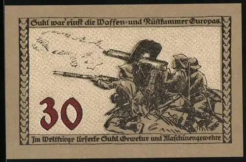 Notgeld Suhl, 30 Pfennig, Soldaten mit Maschinengewehr, Stadtgutschein und Denkmal