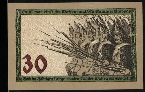 Notgeld Suhl, 30 Pfennig, Gutschein der Stadt Suhl, Soldatenillustration und Denkmal