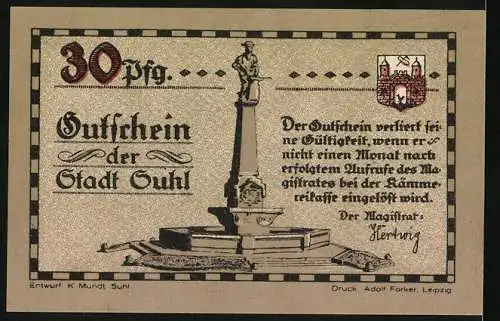 Notgeld Suhl, 30 Pfennig, Gutschein der Stadt Suhl, Soldatenillustration und Denkmal