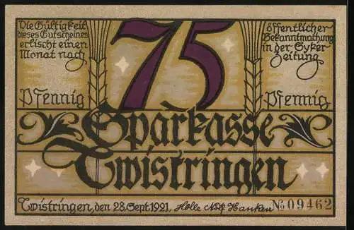 Notgeld Twistringen, 1921, 75 Pfennig, Grabhorst Gretens Gold und Sparkasse Twistringen