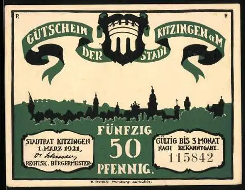 Notgeld Kitzingen 1921, 50 Pfennig, Stadtansicht mit Wappen und Reiter auf Esel