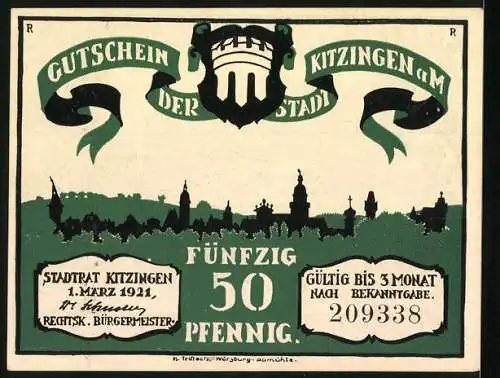 Notgeld Kitzingen, 1921, 50 Pfennig, Gutschein der Stadt mit Stadtrat und Stadtwappen