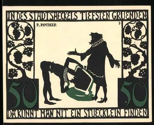 Notgeld Kitzingen, 1921, 50 Pfennig, Stadtpanorama mit Turm und Silhouette, humoristische Illustration von R. Rother