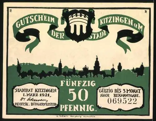 Notgeld Kitzingen, 1921, 50 Pfennig, Stadtpanorama mit Turm und Silhouette, humoristische Illustration von R. Rother