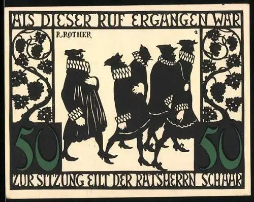 Notgeld Kitzingen 1921, 50 Pfennig, historische Darstellung von Ratsmännern und Stadtsilhouette