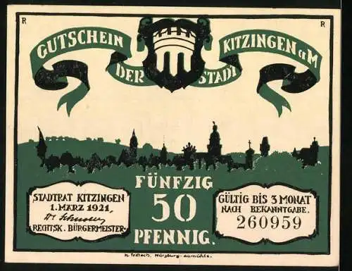 Notgeld Kitzingen 1921, 50 Pfennig, historische Darstellung von Ratsmännern und Stadtsilhouette