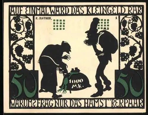 Notgeld Kitzingen, 1921, 50 Pfennig, Illustration mit Stadtsilhouette und Text Auf einmal ward das Kleingeld rar