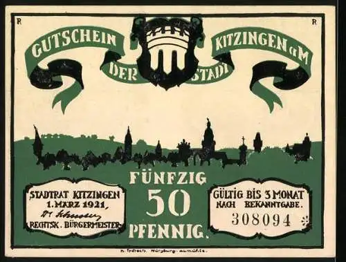 Notgeld Kitzingen, 1921, 50 Pfennig, Illustration mit Stadtsilhouette und Text Auf einmal ward das Kleingeld rar