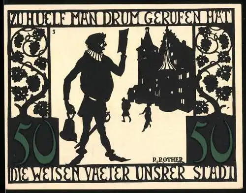 Notgeld Kitzingen, 1921, 50 Pfennig, Gutschein der Stadt Kitzingen mit Stadtansicht und Silhouette