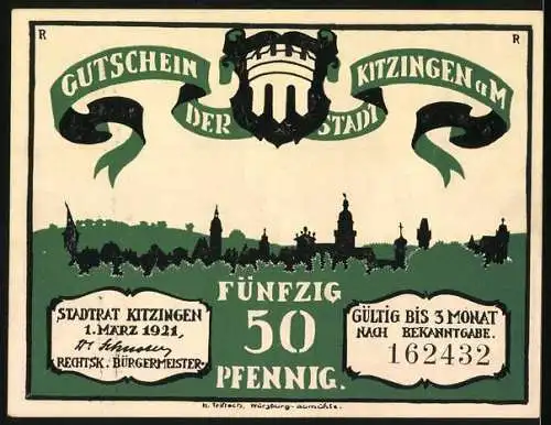 Notgeld Kitzingen, 1921, 50 Pfennig, Gutschein der Stadt Kitzingen mit Stadtansicht und Silhouette