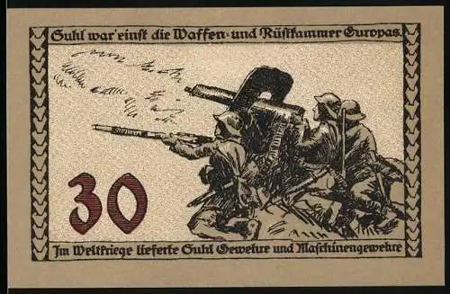 Notgeld Suhl, 30 Pfennig, historische Darstellung von Soldaten und Denkmal-Illustration