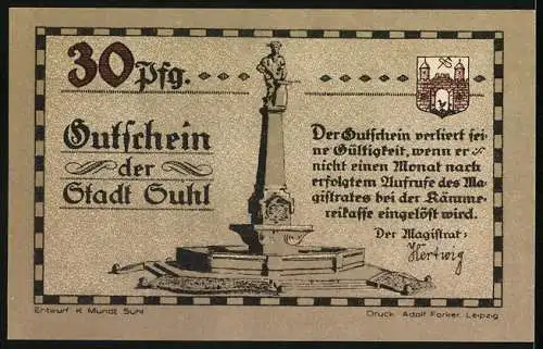 Notgeld Suhl, 30 Pfennig, historische Darstellung von Soldaten und Denkmal-Illustration