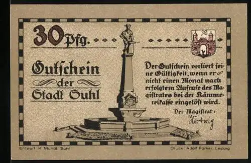 Notgeld Suhl, 1921, 30 Pfennig, Gutschein der Stadt mit Krieger und Stadtwappen