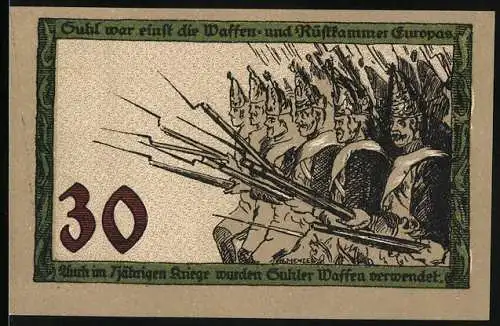 Notgeld Suhl, 30 Pfennig, Soldaten mit Waffen und Denkmal, Gutschein der Stadt Suhl