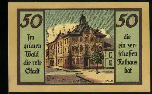 Notgeld Suhl, 1920, 50 Pfennig, Im grünen Wald die rote Stadt, Rathaus Illustration und Stadtwappen