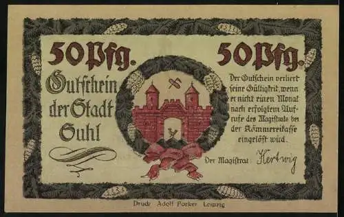 Notgeld Suhl, 1920, 50 Pfennig, Im grünen Wald die rote Stadt, Rathaus Illustration und Stadtwappen