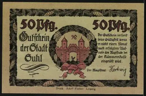 Notgeld Suhl, 50 Pfennig, Gutschein der Stadt mit Winterlandschaft und Stadtwappen