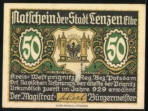 Notgeld Lenzen, 50 Pfennig, Lenzener Herdbuchgesellschaft mit Bulle, Stadtwappen und Architektur, 929 erwähnt