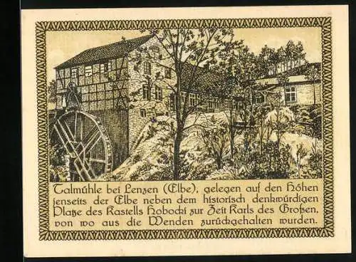 Notgeld Lenzen (Elbe), 50 Pfennig, Darstellung der Talmühle und Stadtwappen