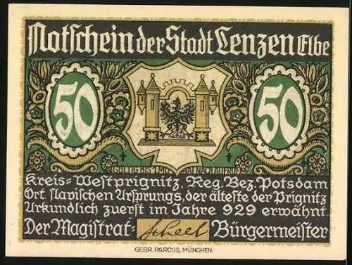 Notgeld Lenzen (Elbe), 50 Pfennig, Darstellung der Talmühle und Stadtwappen