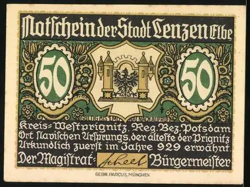 Notgeld Lenzen (Elbe), 50 Pfennig, Burg und Stadtwappen, ausgestellt vom Magistrat