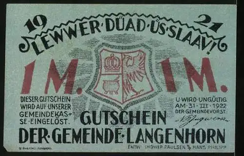 Notgeld Langenhorn, 1921, 1 Mark, historische Gebäude und Personen, Gutschein der Gemeinde Langenhorn