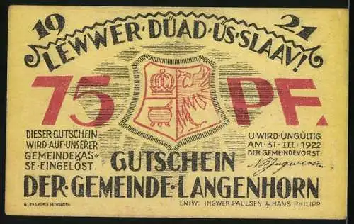 Notgeld Langenhorn, 1921, 75 Pfennig, Geburtshaus von Friedr. Paulsen, Gutschein der Gemeinde Langenhorn