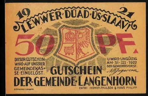 Notgeld Langenhorn 1921, 50 Pf, Gutschein der Gemeinde mit Wappen und Landschaftsbild